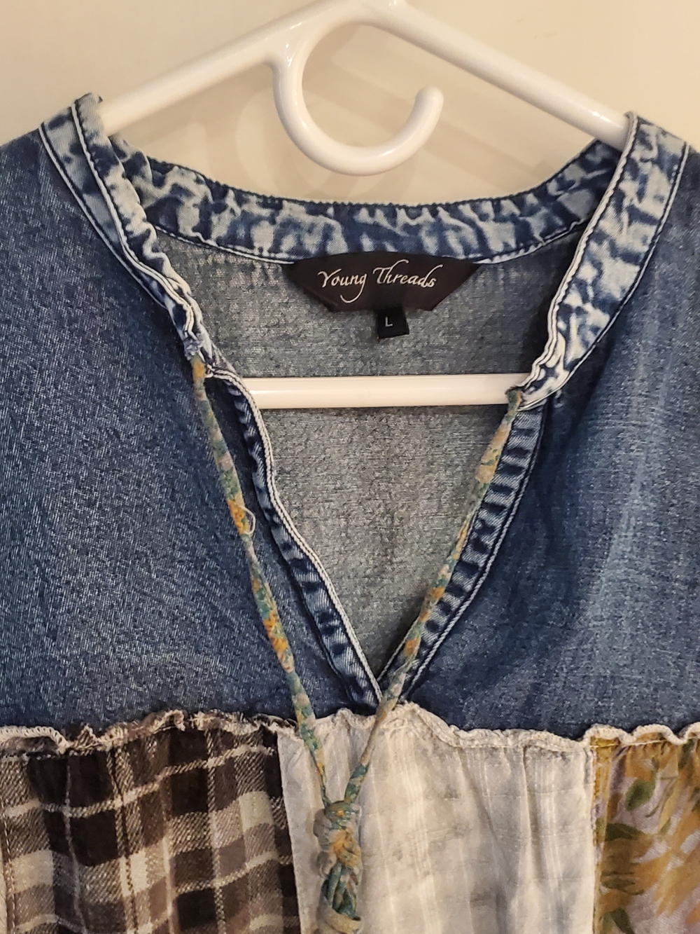 Patchwork Denim Tunic Top Blue Olive Ruffle Western Country Cottagecore Rodeo - Picture 3 of 12
